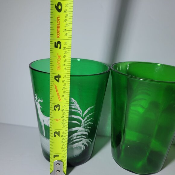 Vintage Mary Gregory Green Glass Tumblers With White Deer Design Set Of 2 - Picture 7 of 8